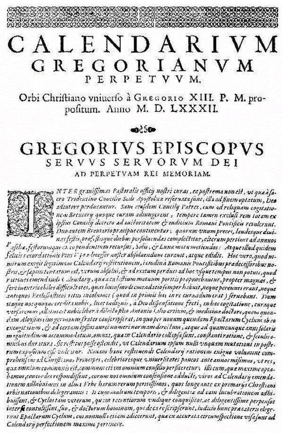 First page of the 1582 printed papal bull, headed Calendarium Gregorianum Perpetuum, followed by the Latin text beginning Inter gravissimas